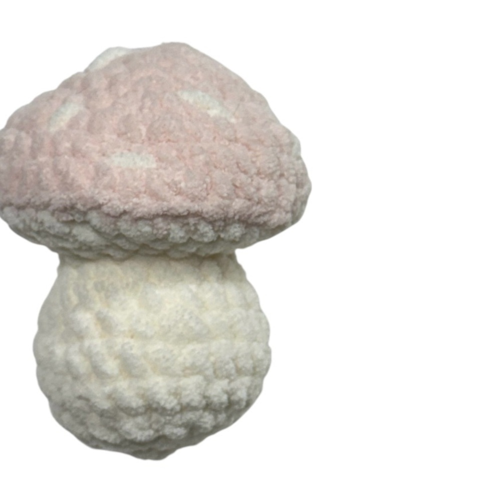 Crochet amigurumi mushroom plushy 100% handmade with pink and white fluffy yarn! - Picture 4 of 5